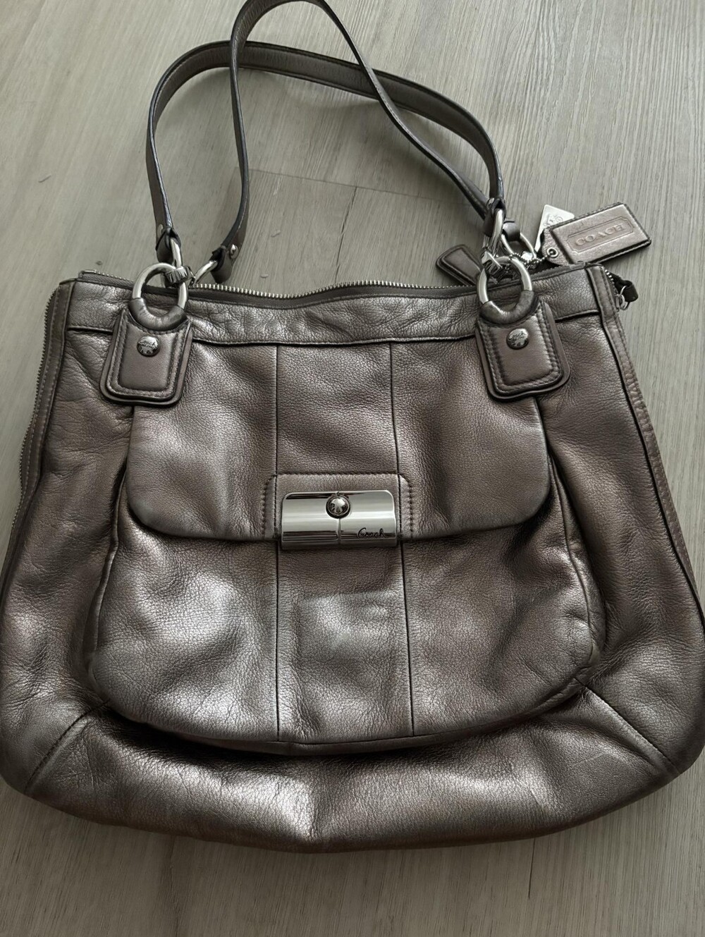 Coach Metallic Taupe Leather Shoulder Tote with Turn-Lock